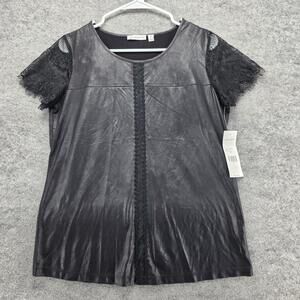 HANNAH Blouse Womens M Black Tunic Short Sleeve Crochet Fringe Relaxed